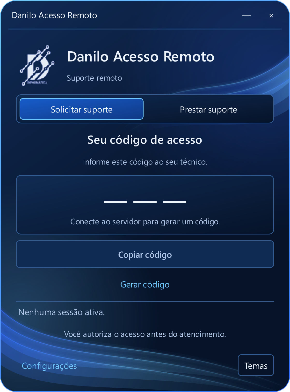 Interface do aplicativo no tema Azul profundo, com opções Solicitar suporte e Prestar suporte